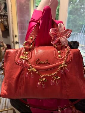 Coach Coral Red Leather Satchel with Cherry Charm